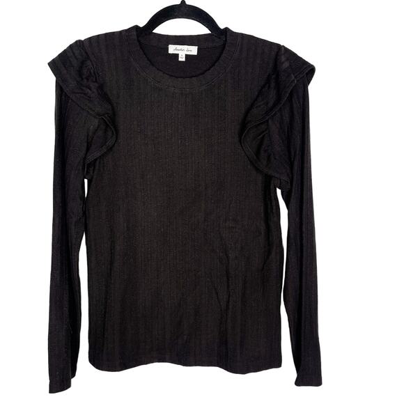 Another Love Small S Black Elvina Ruffle Long Sleeve Top Crew Neck Ribbed Fitted - Picture 1 of 10